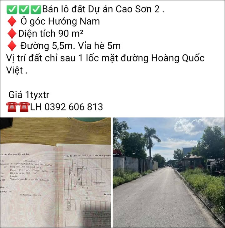 Bán lô đất Dự án Cao Sơn 2 - Ô góc hướng Nam 90m² - Giá chỉ 1 tỷ!