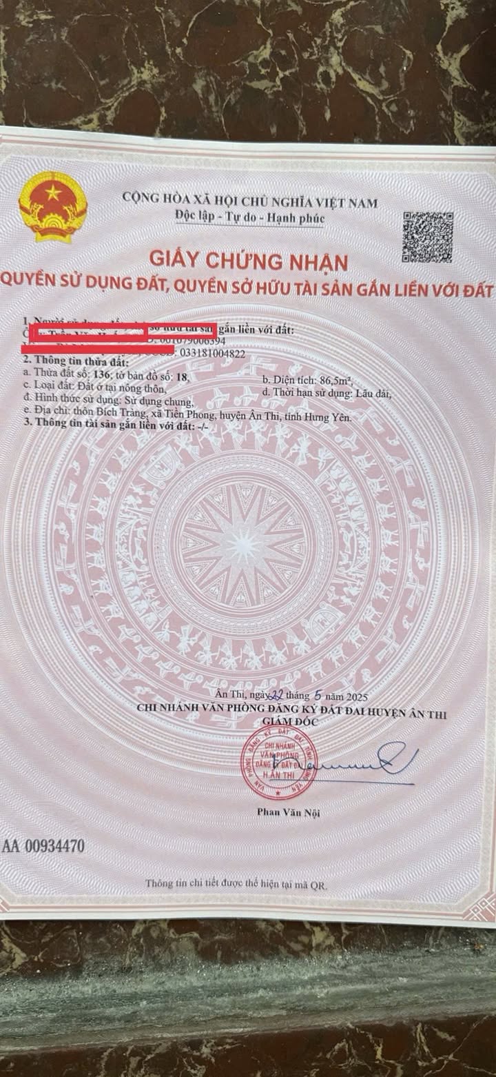 Đất nền Tiền Phong Ân Thi 86m² - Full thổ cư, ô tô đỗ cửa!