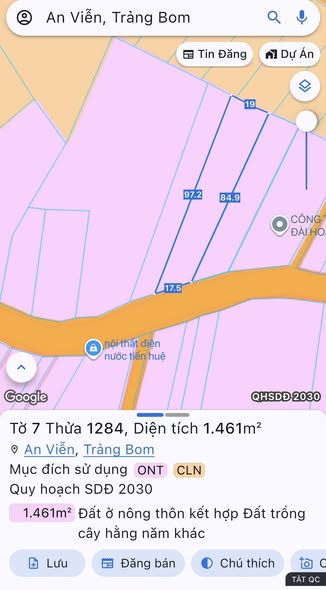Đất nền An Viễn Trảng Bom 1487.5m² giá 3.95 tỷ - Mặt tiền nhựa thông, điện 3 pha