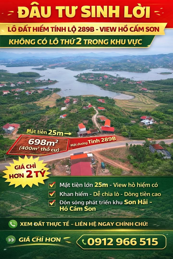 Lô đất Sơn Hải Lục Ngạn 698m² giá 2 tỷ - Mặt tiền đường Tỉnh lộ 289B, view hồ Cấm Sơn!