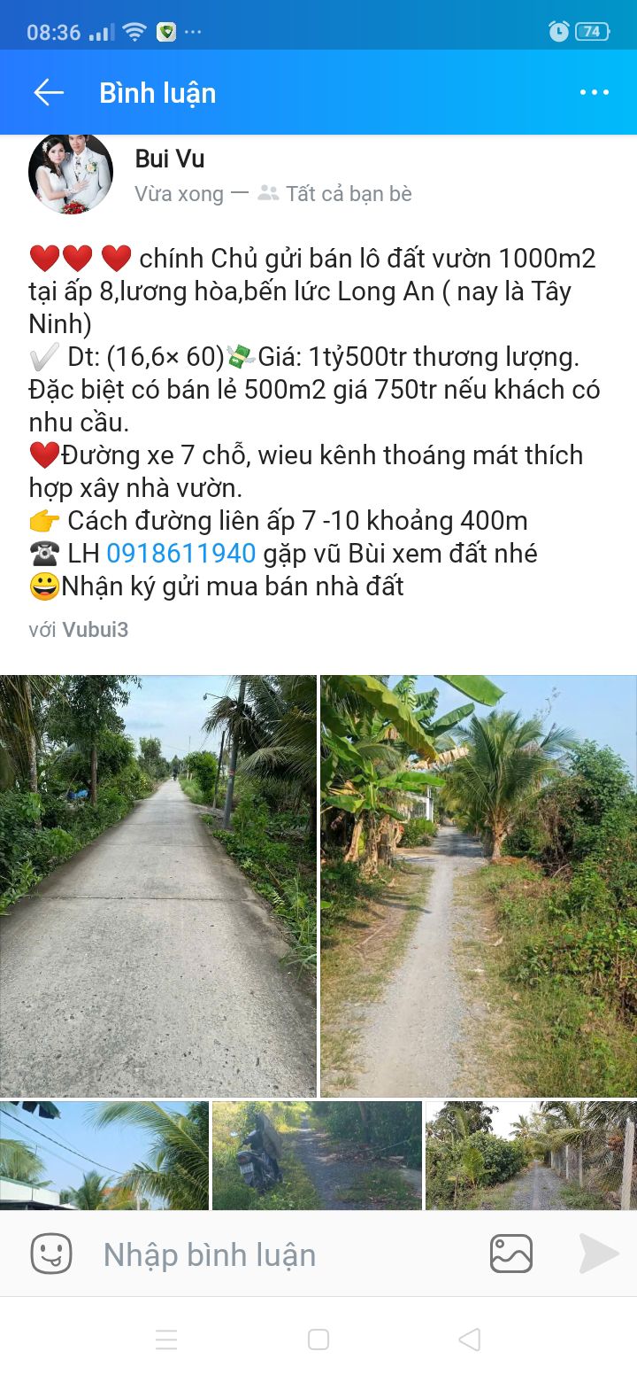 Lô đất vườn 1000m² tại ấp 8, Lương Hòa, Bến Lức - Giá chỉ 1.5 tỷ, thương lượng!