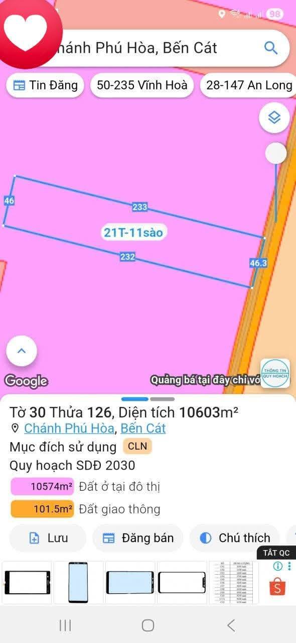 Đất nền Chánh Phú Hòa, Bến Cát 10.000m² giá 21 tỷ - Mặt tiền khu công nghiệp VISIP 3!