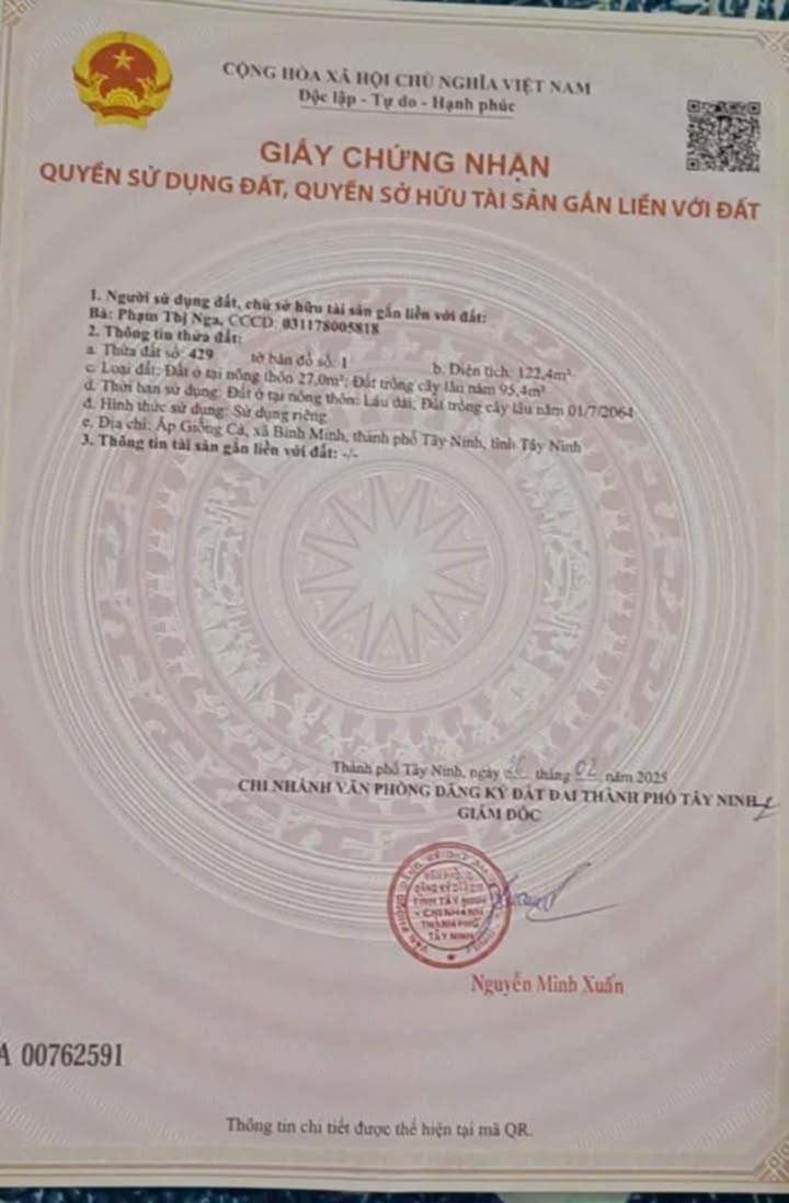 Đất ở nông thôn tại Phường Bình Minh, Tây Ninh 122m² - Sổ đỏ chính chủ, không quy hoạch!