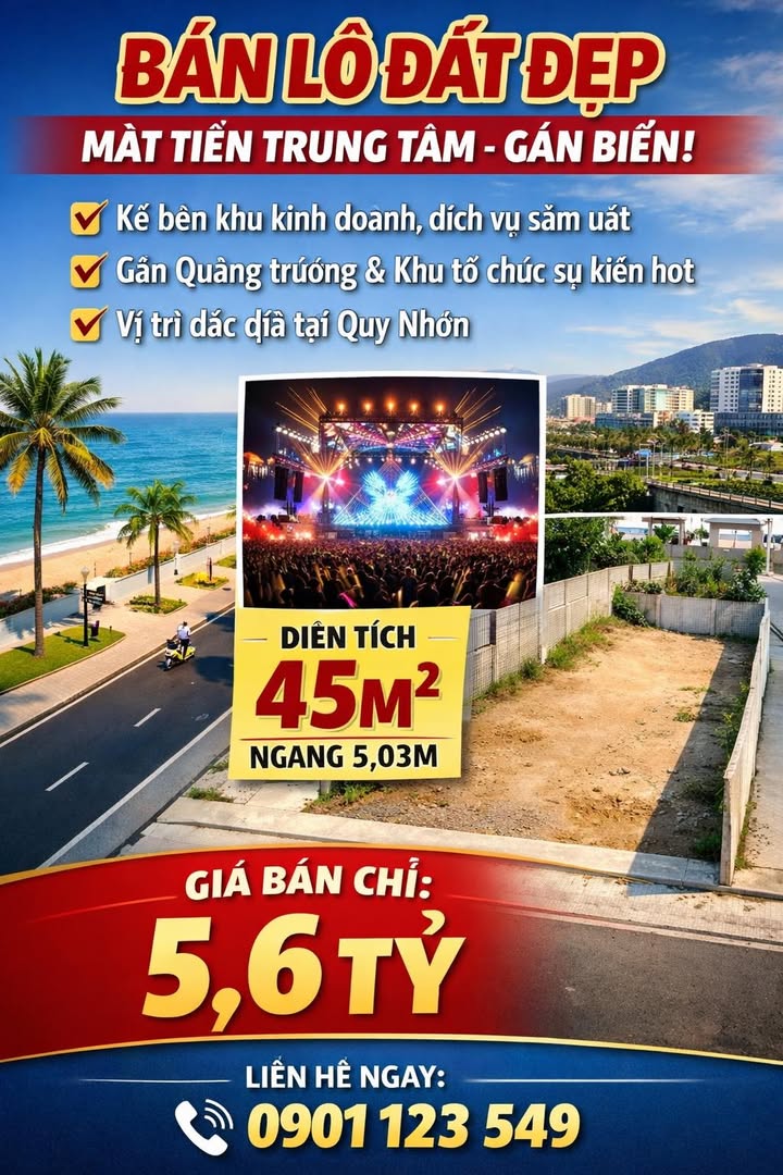 Đất mặt tiền Ngô Gia Tự Quy Nhơn 45m² giá 5.6 tỷ - Cơ hội đầu tư sinh lời cao!