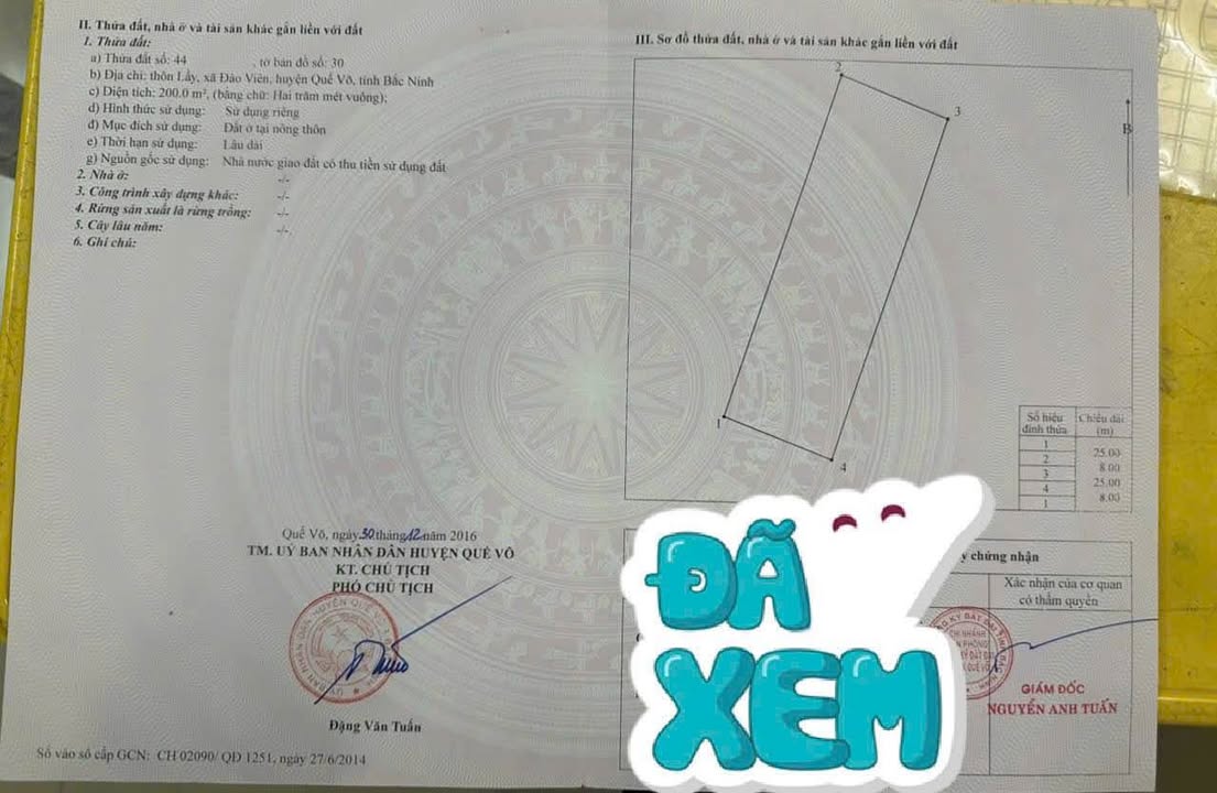 Đất nền Đào Viên, Quế Võ, Bắc Ninh 200m² giá 6 tỷ - Đầu tư sinh lời hấp dẫn!