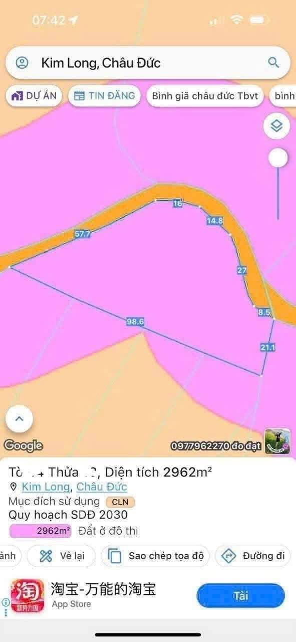 Đất Kim Long Châu Đức 2962m² giá 3.35 tỷ - Sổ hồng chính chủ, ôm đường