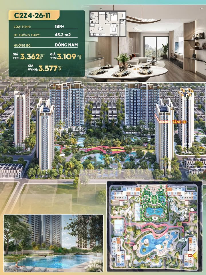 Căn hộ Masteri Era Landmark Văn Giang 45m² giá 3.1 tỷ - View bể bơi đẹp nhất!