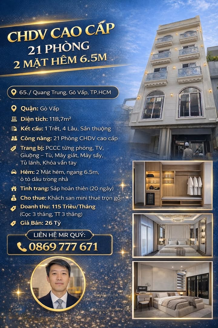 Chính chủ bán CHDV cao cấp 21 phòng tại Quang Trung, Gò Vấp - 26 tỷ thương lượng!
