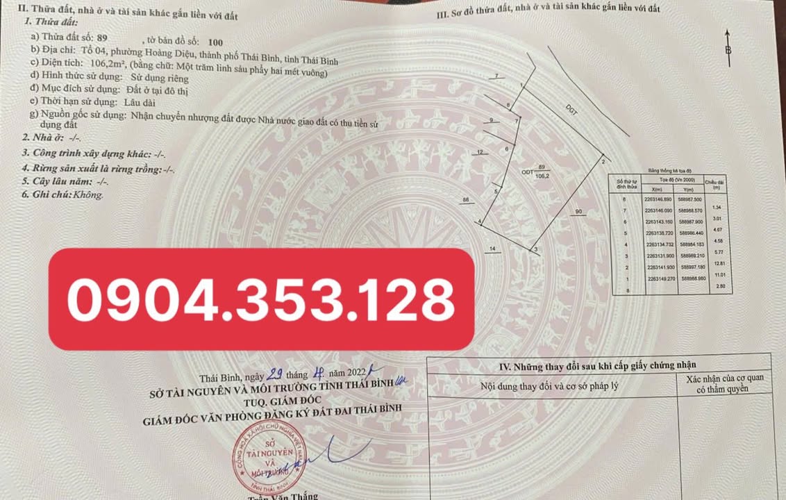 Đất nền phường Hoàng Diệu Thái Bình 106.2m² giá 1.5 tỷ - Đầu tư sinh lời hấp dẫn!