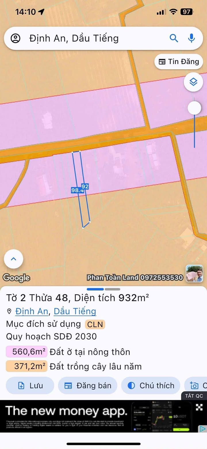 Đất nền Dầu Tiếng 980m² giá 1 tỷ - Mặt tiền đường ĐT744, vị trí kinh doanh lý tưởng!