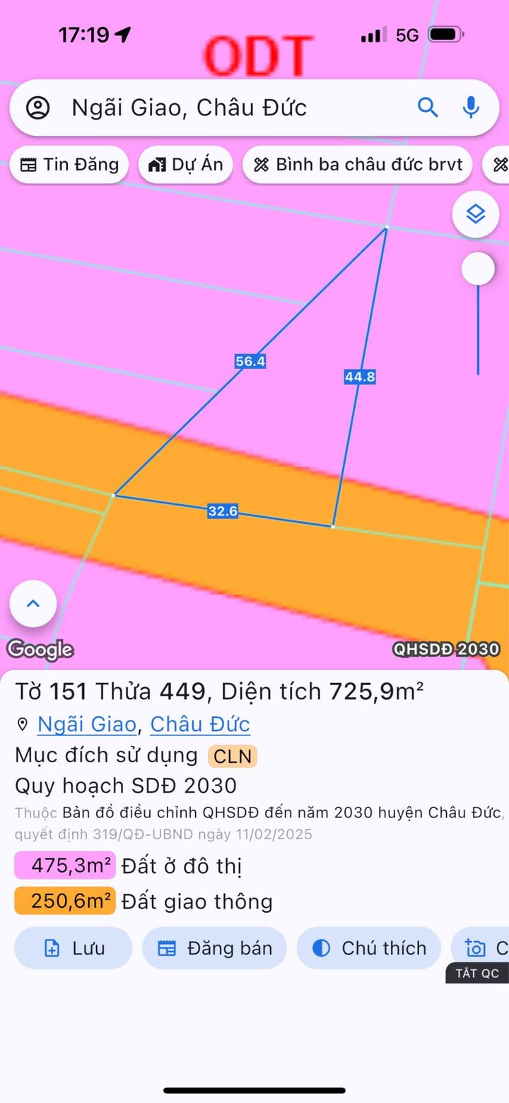 Đất TTTM Ngãi Giao Châu Đức 725m² giá 1 tỷ - Sổ hồng riêng, mặt tiền 32m