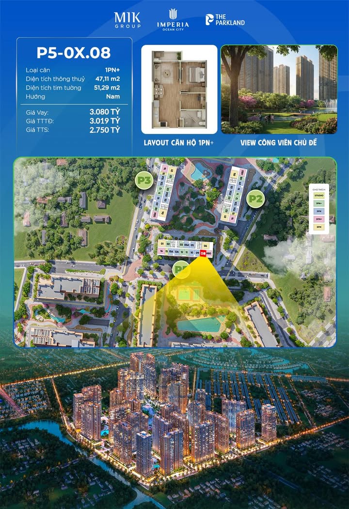 Căn hộ 1N P5 Imperia Ocean City 47.11m² giá 3.08 tỷ - View thoáng, thích hợp cho thuê spa!