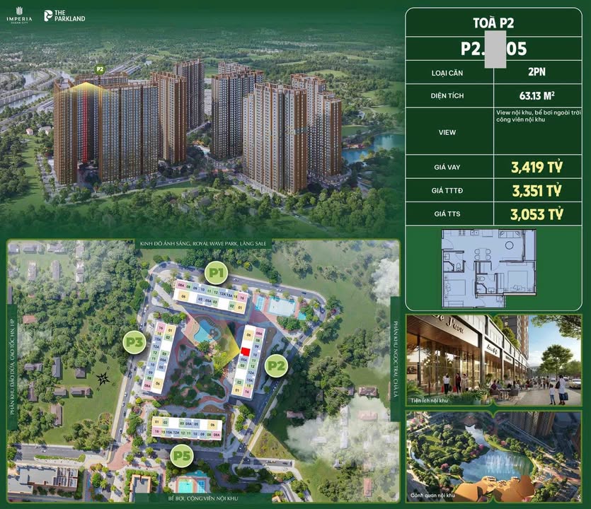 Căn hộ The Parkland P2, Văn Giang, Hưng Yên - 63m² giá 3.053 tỷ - Thiết kế tối ưu, view công viên!