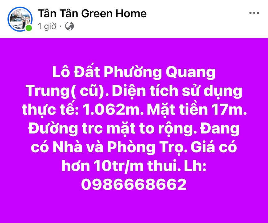 Đất nền Phường Quang Trung, Thái Nguyên 1062m² giá 15 tỷ - Dòng tiền ổn định từ cho thuê!