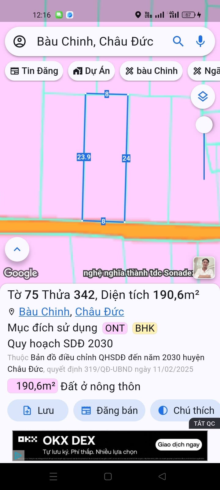 Đất nền Bàu Chinh, Châu Đức 192m² giá 750 triệu - Sổ hồng chính chủ