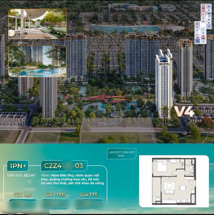 Căn hộ 1PN Masteri Era Landmark Hưng Yên 53m² giá 3.1 tỷ - View bể bơi đẹp mắt!