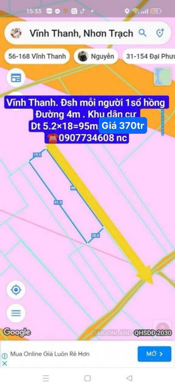 Đất nền Vĩnh Thanh Nhơn Trạch 95m² giá chỉ 380 triệu - Cơ hội đầu tư không thể bỏ lỡ!