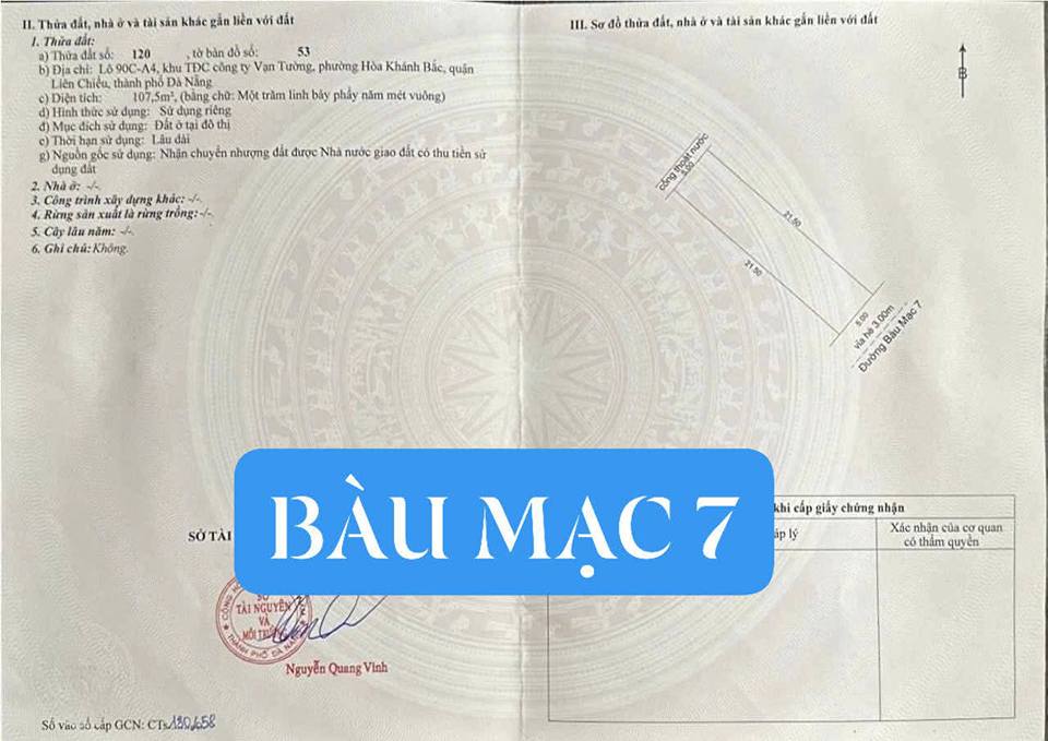 Đất mặt tiền Bàu Mạc 7, Hòa Khánh Bắc, 107.5m² giá 5.35 tỷ - Thương lượng ngay!