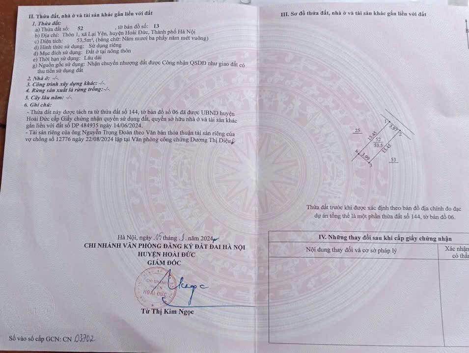 Đất thổ cư Lại Yên 53m² giá 5 tỷ - Sổ đỏ chính chủ, vị trí thuận lợi!