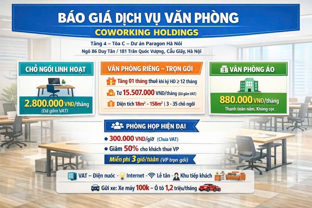 Văn phòng cho thuê Tòa C Dự án Paragon Hà Nội 18,7m² - Miễn phí phòng họp 3h/tuần!
