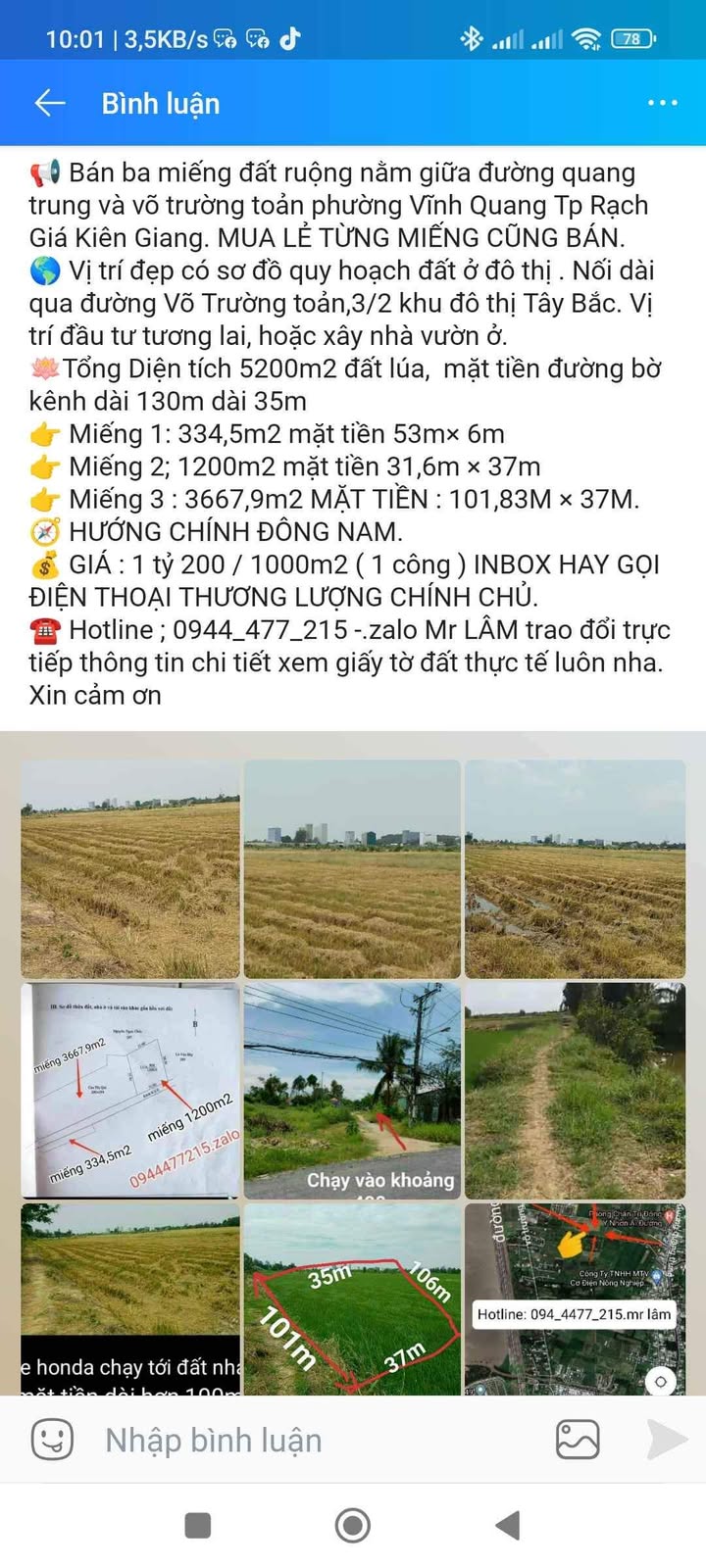 Đất ruộng Vĩnh Quang Rạch Giá 5200m² giá 1.2 tỷ - Vị trí đầu tư tiềm năng!