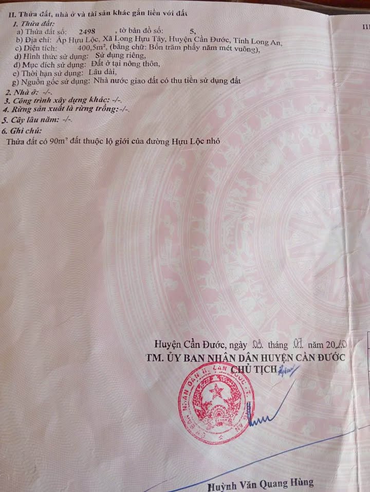 Đất thổ cư 400m² mặt tiền đường Hựu Lộc Nhỏ - Long Hựu Tây, giá 2.4 tỷ - Cơ hội đầu tư sinh lời!