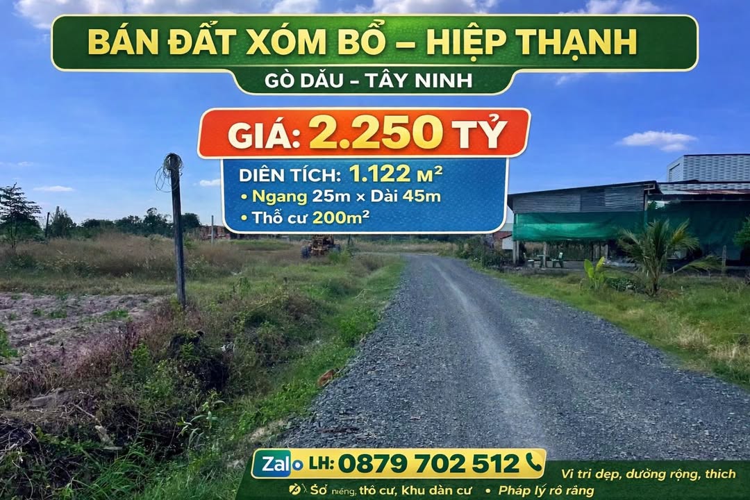 Đất nền Xóm Bố, Hiệp Thạnh, Gò Dầu 1.122m² giá 2.25 tỷ - Pháp lý rõ ràng, đầu tư lý tưởng!