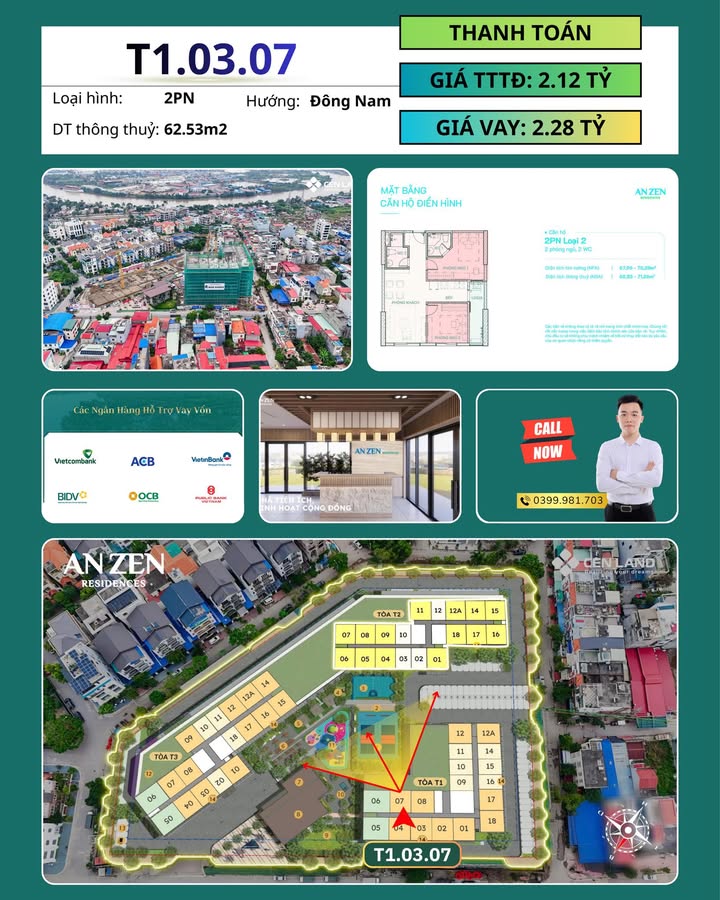 Căn hộ An Zen Residences Hải Phòng 62.53m² giá 2.131 tỷ - Sổ lâu dài, view nội khu xanh mát!