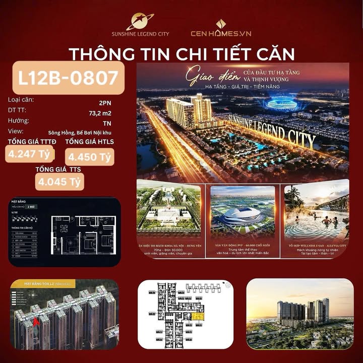 Căn hộ 2PN Sunshine Legend City 117.5m² giá 6.486 tỷ - View Sông Hồng đẳng cấp!
