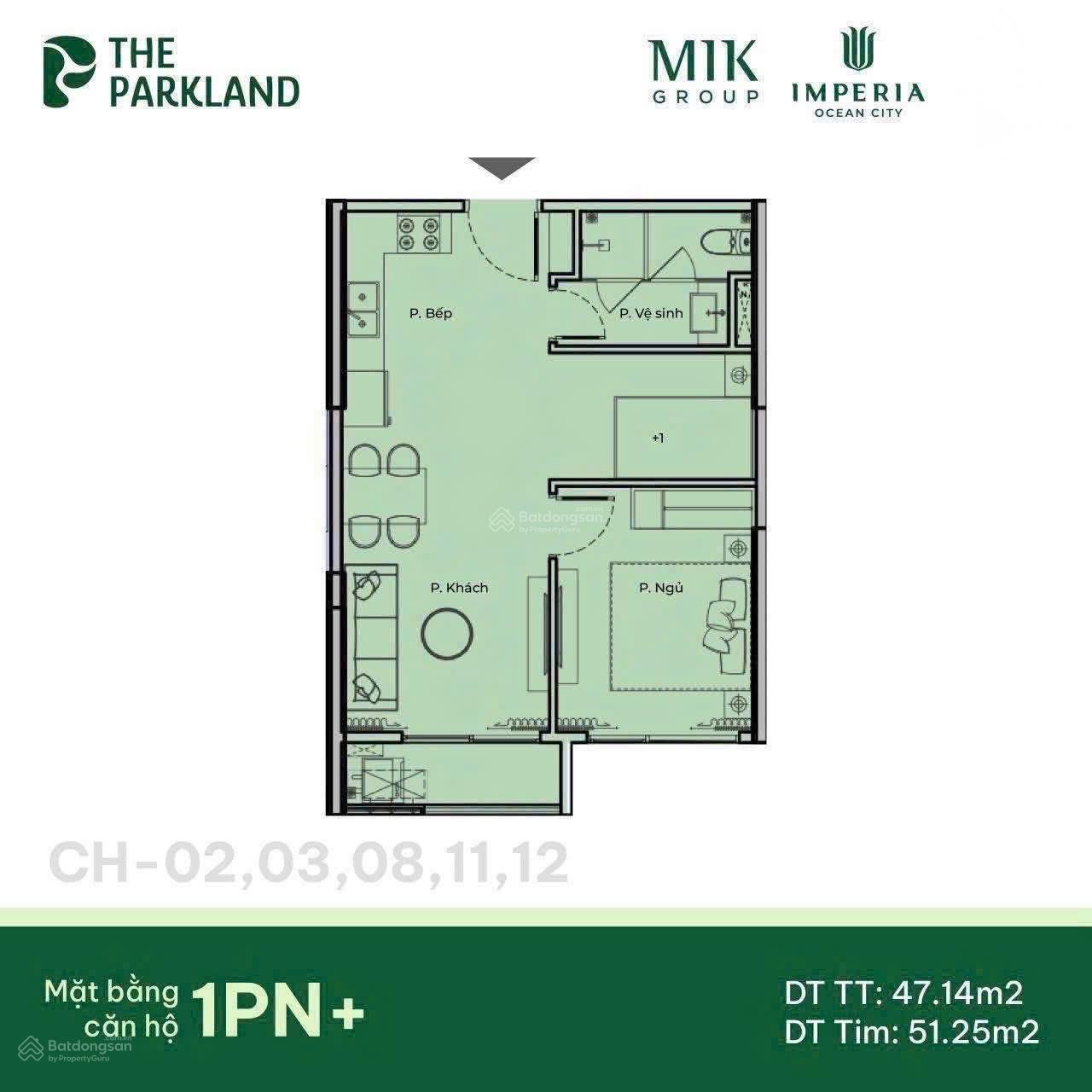 Căn hộ 1PN+ tại The Parkland - Imperia Ocean City 47.11m² giá 3.046 tỷ - Không gian sống hoàn hảo giữa thiên nhiên!