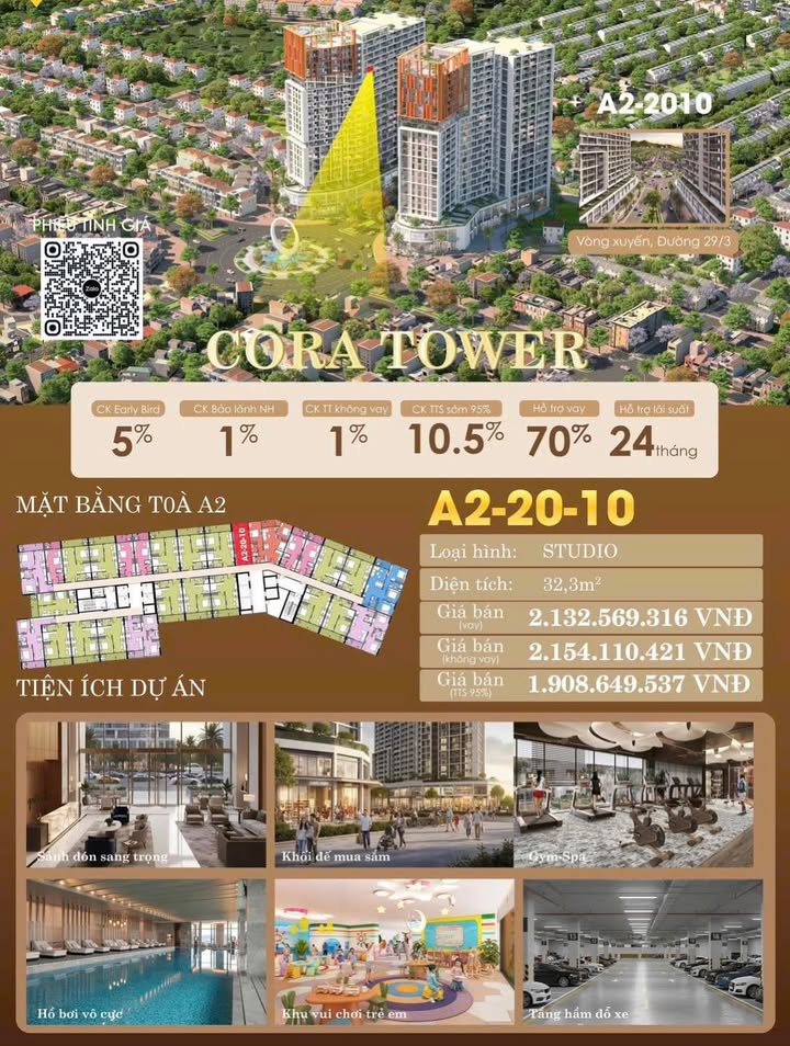 Căn hộ Studio Cora Tower Đà Nẵng 32,3m² giá 2,15 tỷ - Cơ hội đầu tư hấp dẫn!