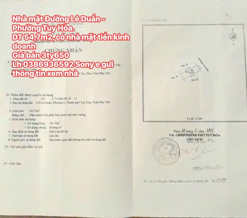 Nhà mặt tiền kinh doanh Đường Lê Duẩn, Phường Tuy Hòa, 54.7m², giá 3.65 tỷ - Đầu tư sinh lời ngay!