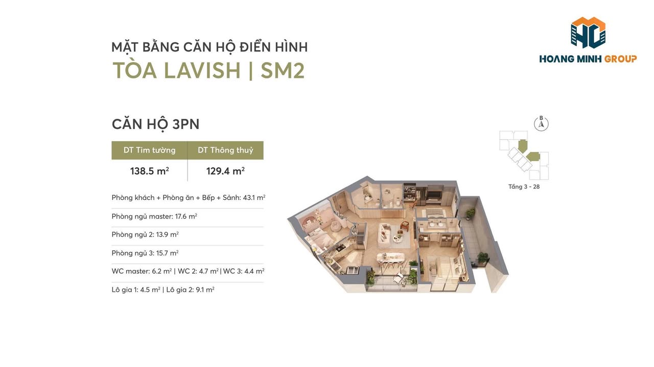 Căn hộ 3 phòng ngủ SM2 Greenera Southmark 129,4m² giá chỉ 1-2 tỷ - Cơ hội vàng cho gia đình!