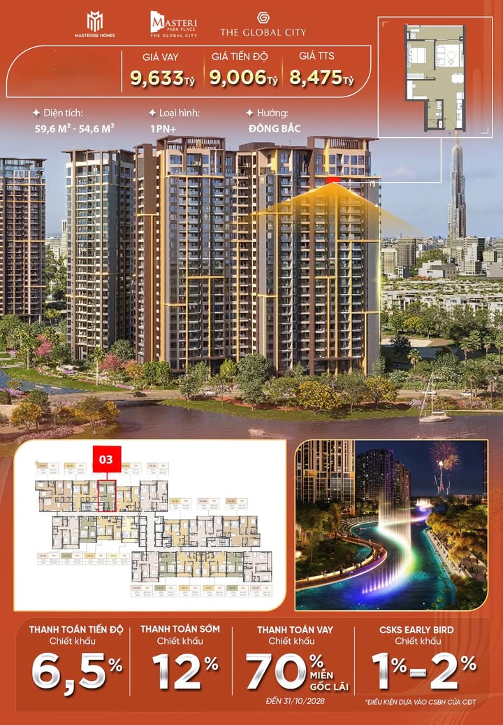 Căn hộ Masteri Park Place Thủ Đức 59.6m² giá 9.4 tỷ - View nhạc nước tuyệt đẹp!