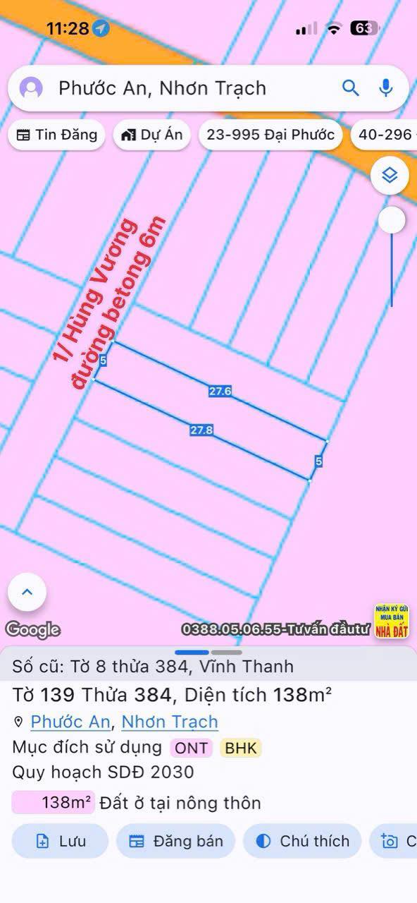 Đất thổ cư Vĩnh Thanh Nhơn Trạch 138m² giá 2.7 tỷ - Vị trí đắc địa gần cầu Phú Mỹ