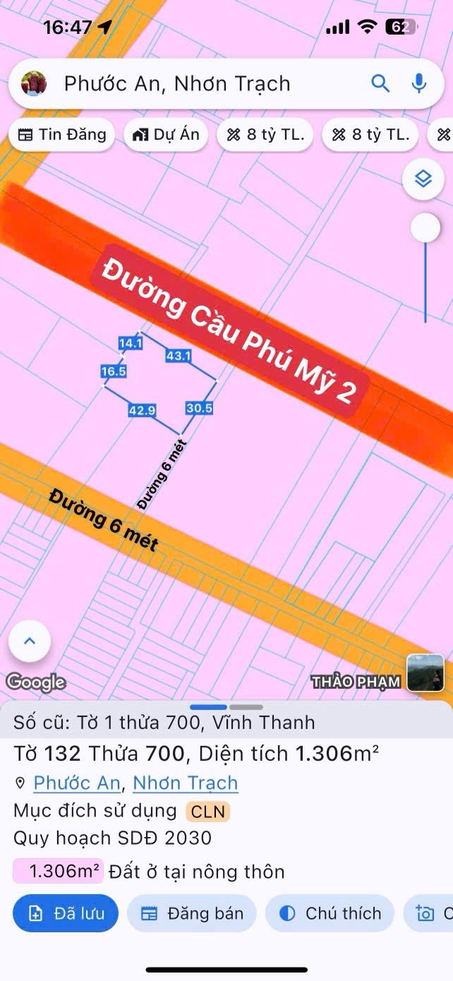 Đất vườn Vĩnh Thanh Nhơn Trạch 1306m² giá 7.836 tỷ - Cơ hội đầu tư cực tốt!