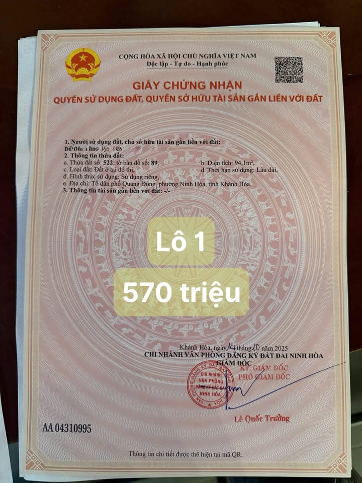 Đất nền phường Ninh Hòa 94m² giá chỉ 400 triệu - Sổ đỏ chính chủ!