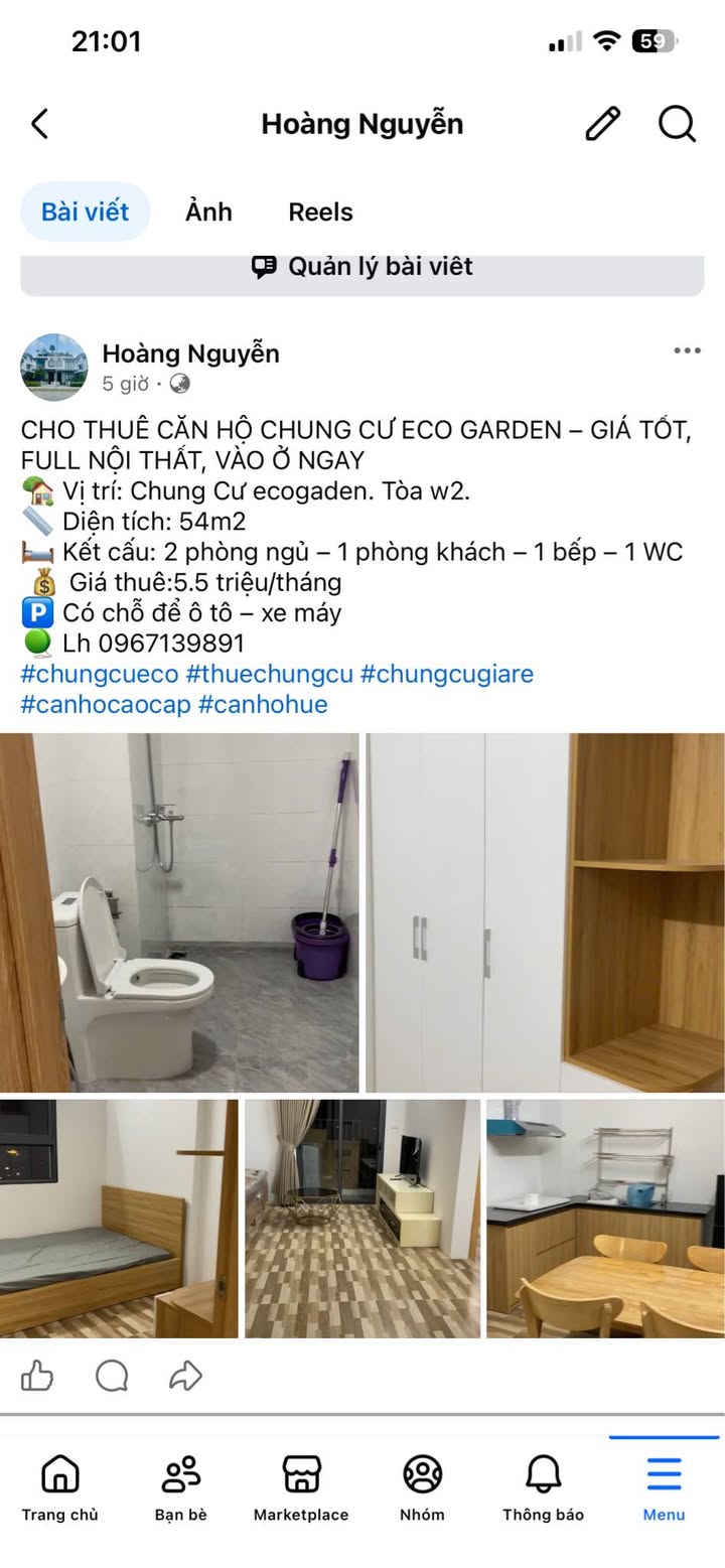 Căn hộ chung cư Eco Garden Hương Thủy 54m² giá 5.5 triệu - Full nội thất, vào ở ngay!