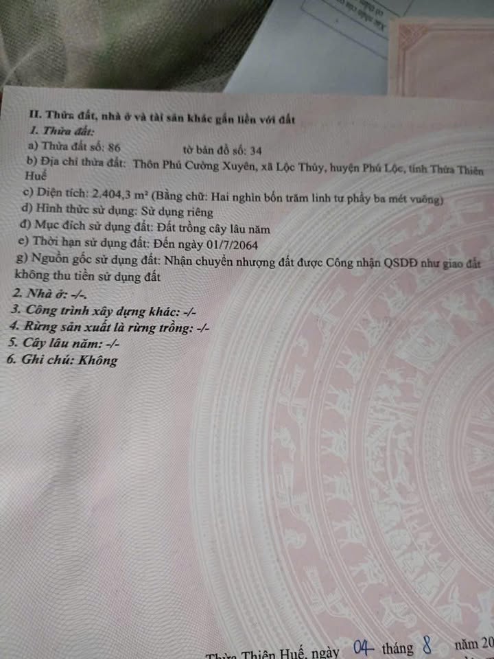 Lô đất cây lâu năm Lộc Thủy, Huyện Phú Lộc 2404m² - Đầu tư sinh lời hấp dẫn!