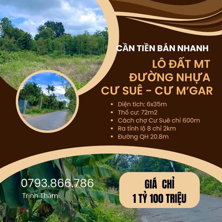 Đất nền mặt tiền đường nhựa Cư Suê - Cư M'gar 210m² giá 1.1 tỷ - Cơ hội đầu tư hấp dẫn!