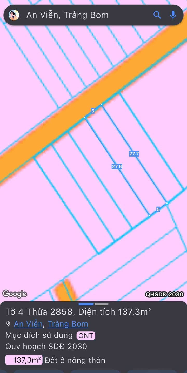 Đất thổ cư 137.5m² huyện Trảng Bom giá 1.2 tỷ - Tiềm năng đầu tư lớn!