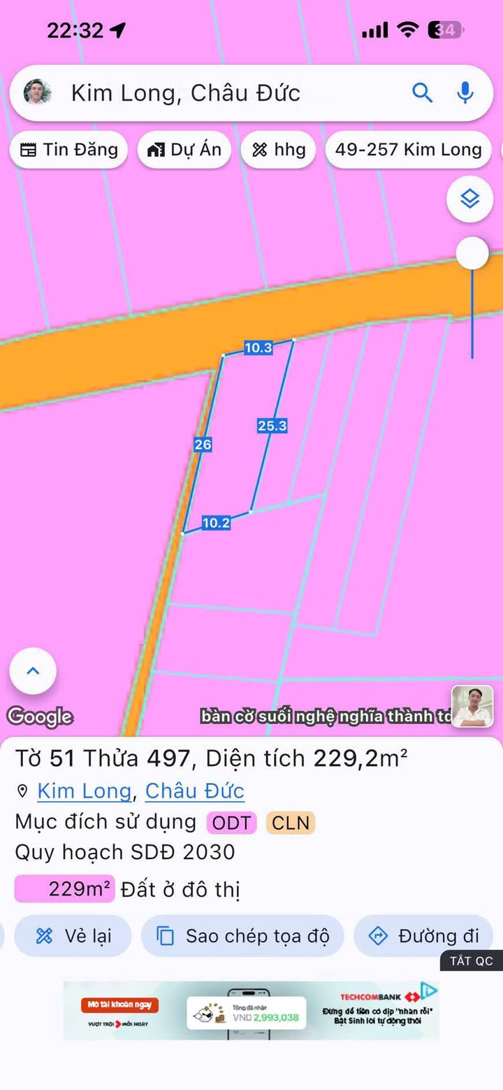 Bán lô đất góc 2 mặt tiền tại xã Kim Long, huyện Châu Đức, 239.2m² - Giá 1 tỷ, cơ hội đầu tư tuyệt vời!