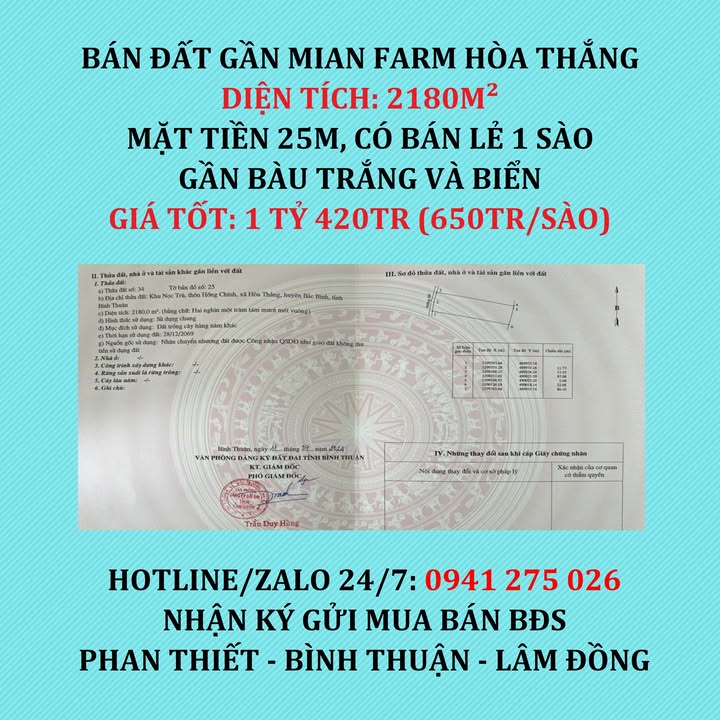 Đất nền Hòa Thắng Bắc Bình 2180m² giá 6.5 tỷ - Cơ hội đầu tư hấp dẫn!
