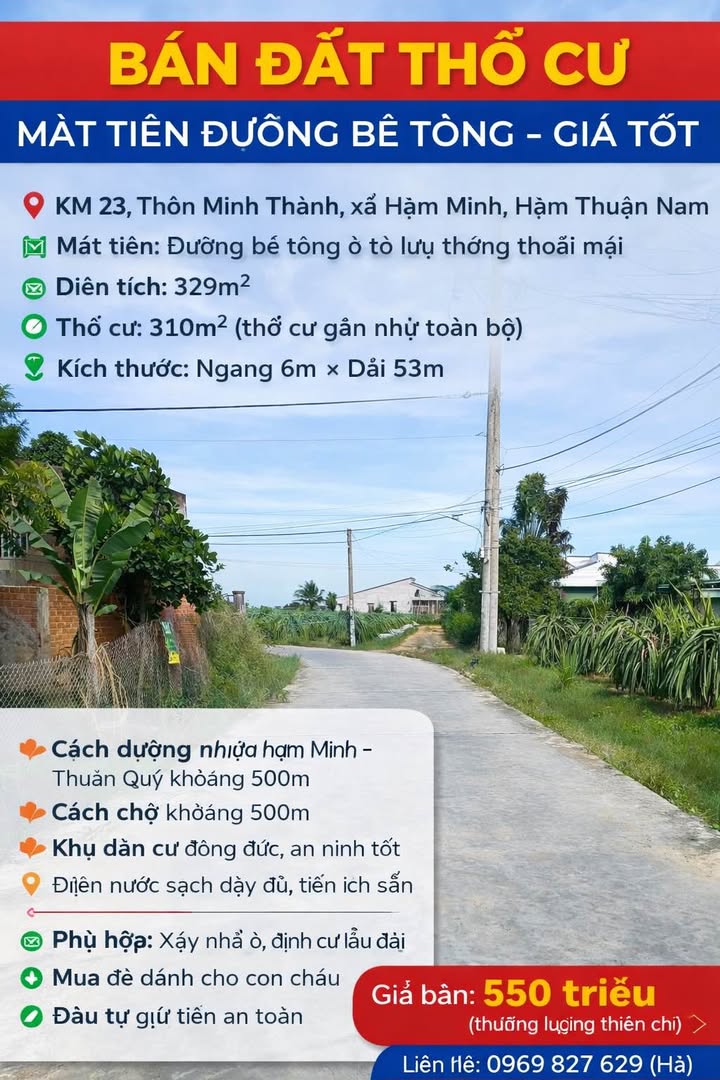 Bán đất thổ cư Km 23, xã Hàm Minh, 329m² giá 550 triệu - Đầu tư an toàn!