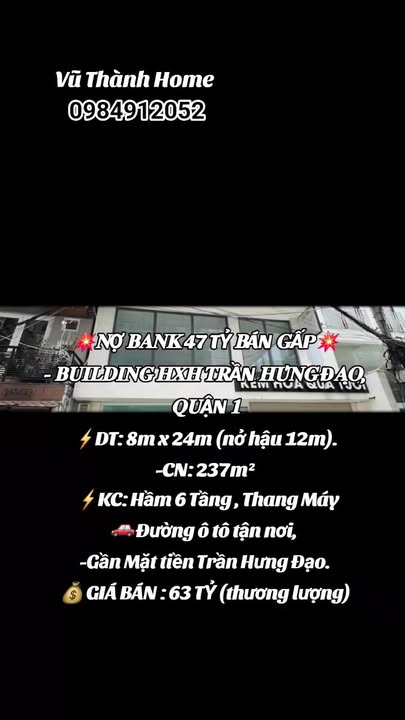 Building Trần Hưng Đạo, Quận 1, 237m² giá 63 tỷ - Bán gấp do nợ ngân hàng!