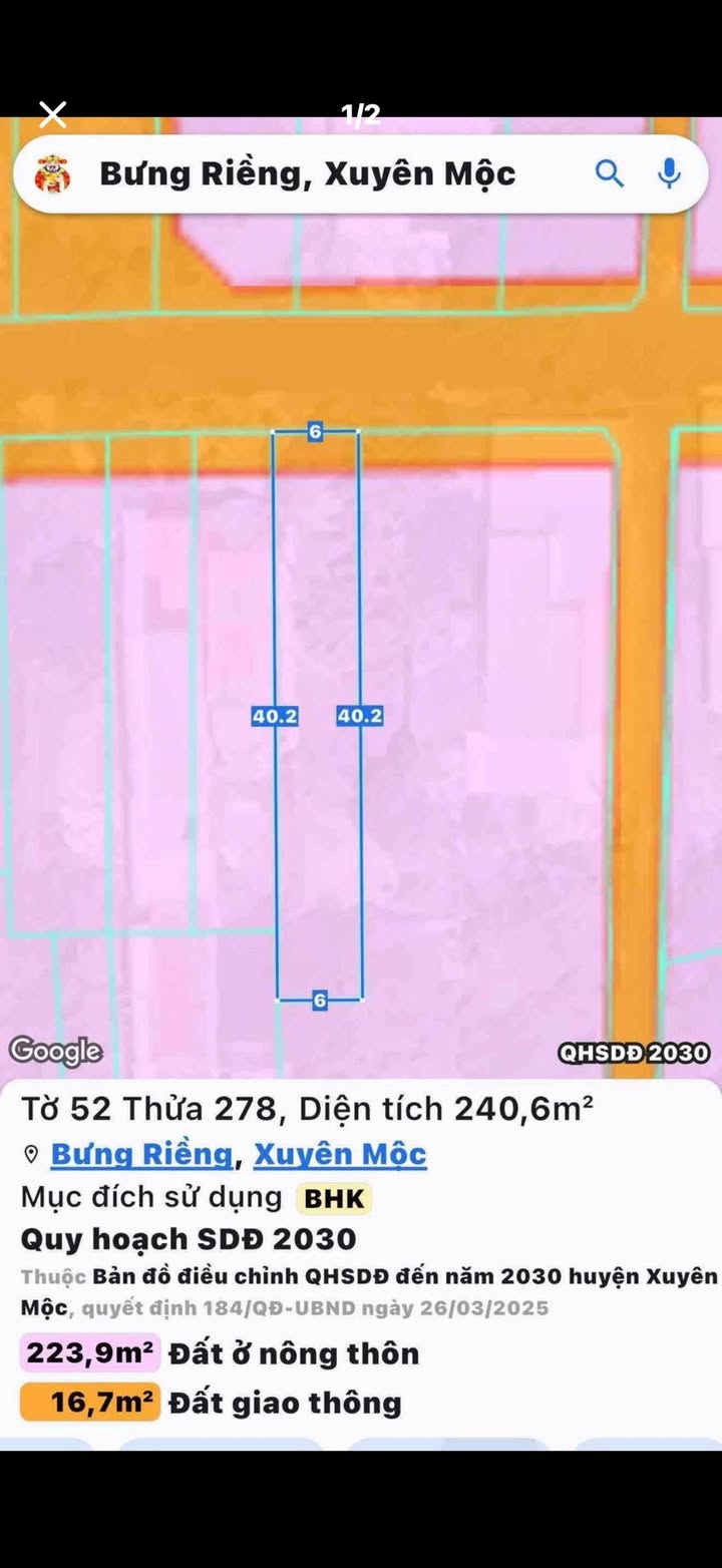 Đất nền Bưng Riềng 240m² giá 1.7 tỷ - Khu dân cư mát mẻ gần biển!