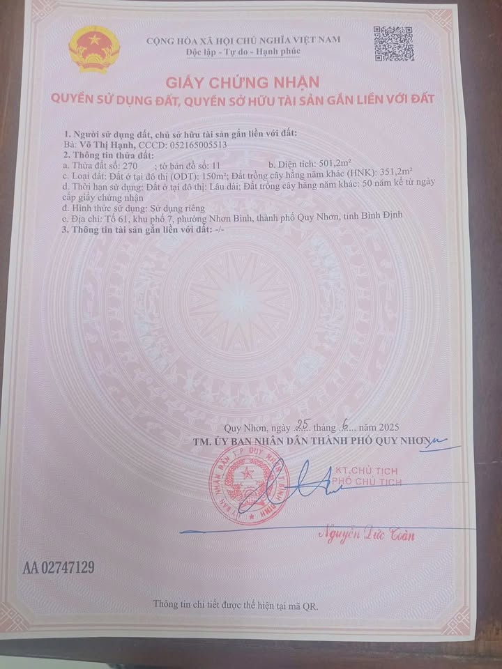 Lô đất Nhơn Bình 500m² giá 3.7 tỷ - Sổ đỏ chính chủ, thương lượng tốt!