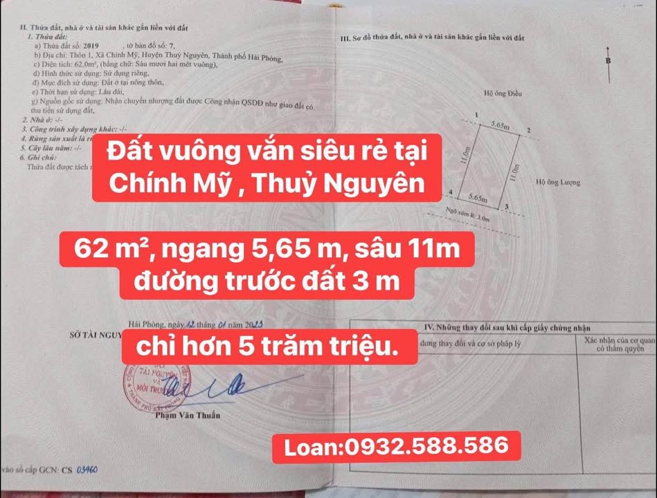 Đất vườn Chính Mỹ Thủy Nguyên 62m² giá 500 triệu - Cơ hội đầu tư hiếm có!