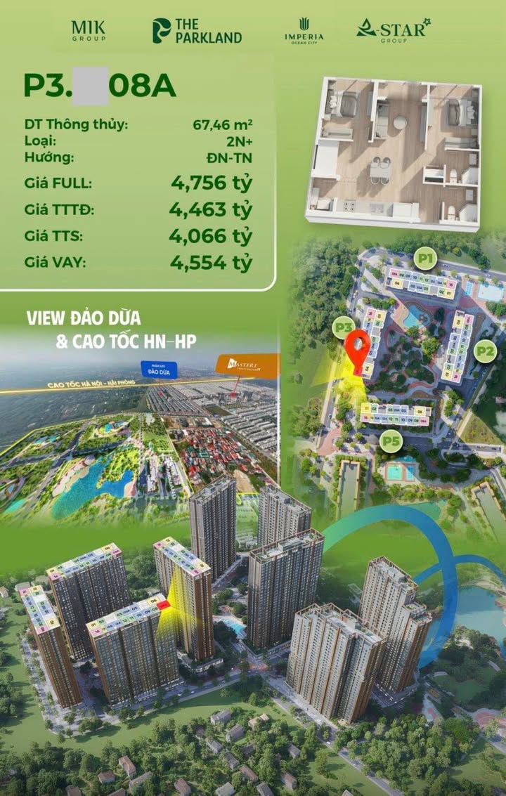 Căn hộ 2PN The Parkland Imperia Ocean City 67m² giá 4.066 tỷ - View Đảo Dừa đẹp mắt!