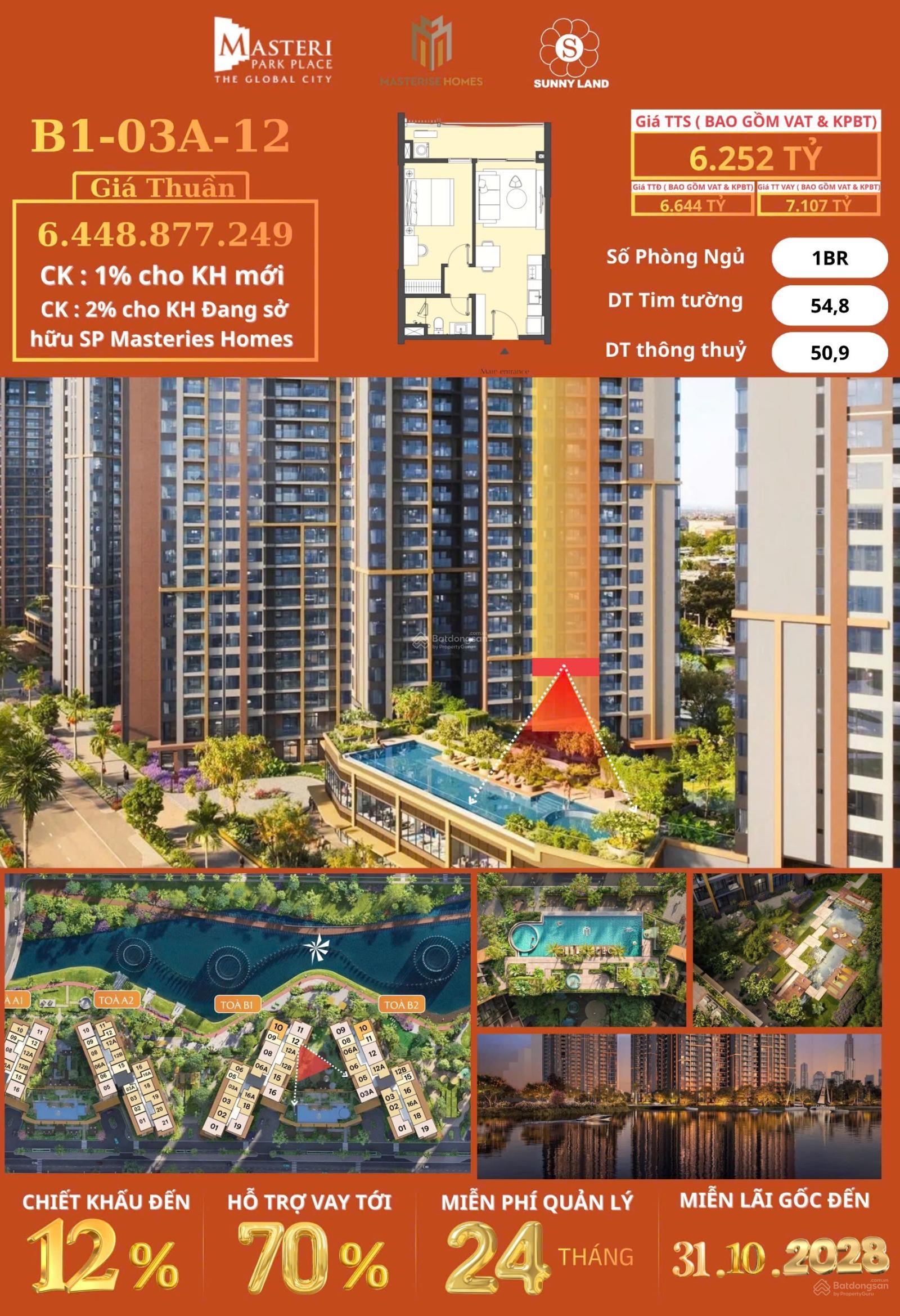 Căn hộ 1PN Masteri Park Place Quận 2 55m² giá 6,252 tỷ - Cơ hội đầu tư hấp dẫn!